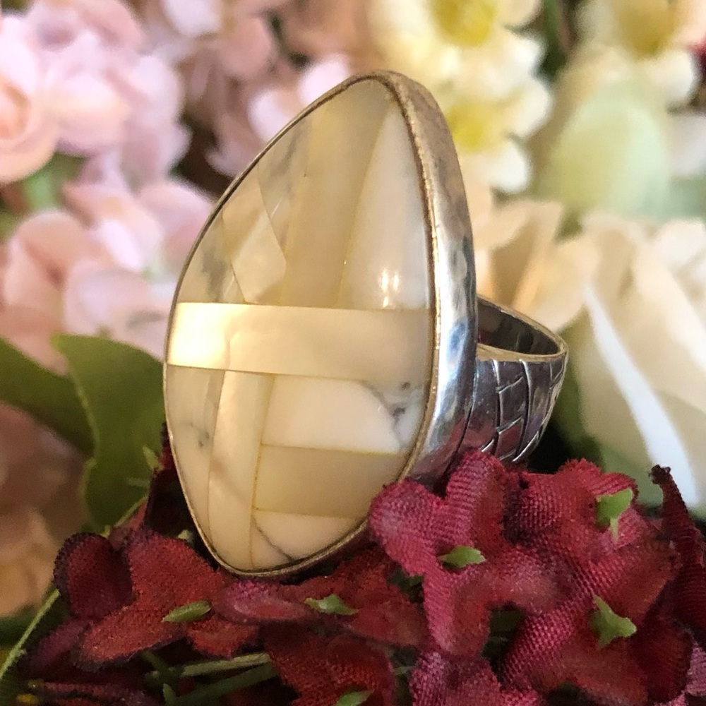 Silpada Sterling Silver, Mother of Pearl and Howlite “Mosaic” Ring R3060 Size 6